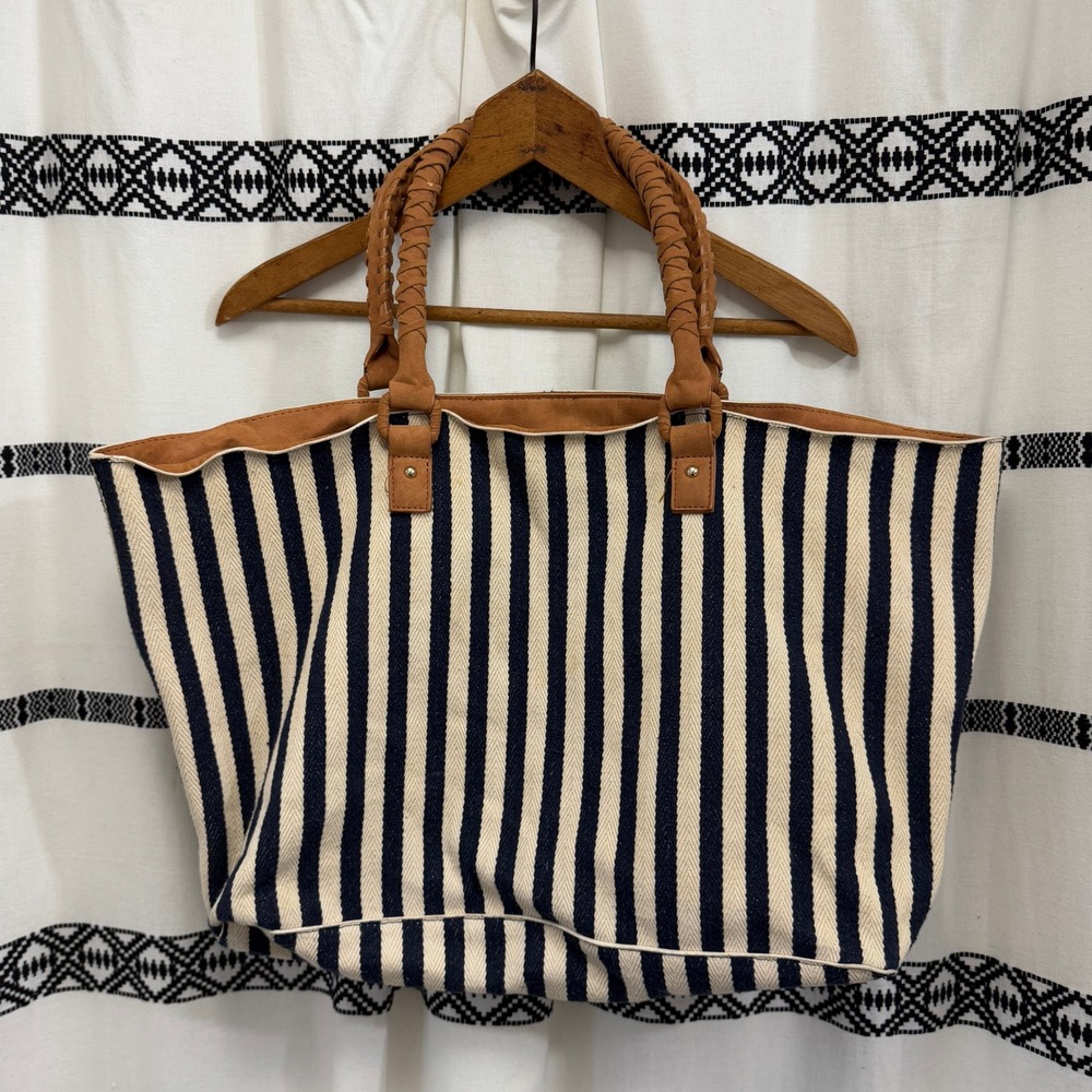 Merona Navy Cream Striped Canvas Tote Bag | Braided Handle Beach‎ Travel Bag